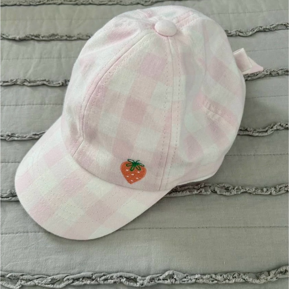 Pink Checkered Cap with Strawberry Embroidery